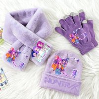 3pcs/set KPop Demon Hunters Children Knitted Hat Gloves Scarf Set Cute Girls Winter Accessories Knit Cap Scarfs Christmas Gifts gray