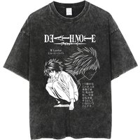 Classic Japanese Anime Death Note Print T Shirt Men Washed Oversized Retro Streetwear Cotton Short Sleeve Clothing Casual Loose Female Male Clothing XXL black
