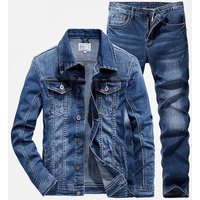 Men 2 Piece Sets New Simple Spring Autumn Smoky Gray Long Sleeve Denim Jacket +Jeans Fashion Slim Couple Denim Suit Ropa Hombre XXL gray