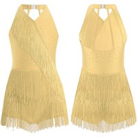 Kids Girls Latin Leotard Dress Dance Costume Rhinestones Fringe Bodysuit Skirted Dress Halter V-neck Sleeveless Tassel Jumpsuit 13-14 Years yellow