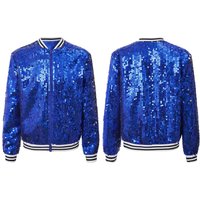 Kids Girls Sequin Bomber Jackets Zip up Shiny Long Sleeve Flight Jacket Coat Outwear Hip Hop Outfits 13-14 Years royal blue