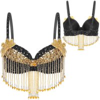 Belly Women Dance Glitter Crop Tops Beaded Sequined Bra Tank Top Bikini Costume Rave Cabaret Party One Size black