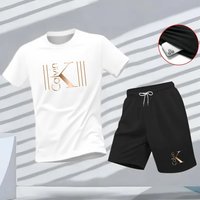 2026 Men's Breathable sports pattern Printed T-shirt Casual Fashion short-sleeved T-shirt Summer streetwear top Two-piece set. L white