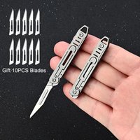 Stainless Steel Quick Opening Mini Folding Knife Sharp Paper Cutter Portable Keychain Art Knife with 10PCS Free Blades brown