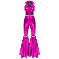 Womens 70s Disco Romper Lapel V Neck Sleeveless Front Zipper Sequins Bell Bottom Long Pants Jumpsuit XXL hot pink