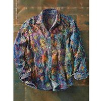 Retro-style colour-block print men’s long-sleeved button-down shirt 5XL gray