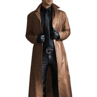Men Faux Leather Trench Fashion Long Sleeve Autumn Windbreaker Coat Slim Leather Long Leather Jacket Men's Jacket Outwear XXXXXL khaki
