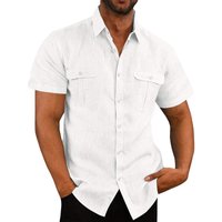 Summer Cotton Linen Casual Shirts Men Short Sleeve Solid Color Turn Down Collar Shirt Mens Breathable Beach Style Blouse 5XL M white