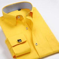 6XL Men's French Cuff Dress Shirt Long Sleeve Winged Collar Dress Shirt Men's Wingtip Tuxedo Formal Shirts Party Dinner Wedding L yellow