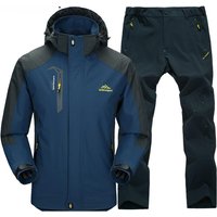 Outdoor Hiking Jacket and Pants Sets Men Autumn Waterproof Windproof Hooded Jackets Trip Mountain Camping Clothes XXXL blue