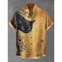 Men's Japanese Retro Black Cat Print Shirt, Casual Linen Short Sleeve Stand Collar Top, Vacation Single Breasted Tee 6XL black