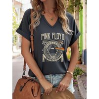 Women's V-Neck Pink Floyd Dark Side of The Moon Graphic Tee, Retro Rock Band Print T-Shirt, Casual Short Sleeve Top 4XL brown