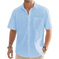Men's Cotton Linen Short Sleeve Shirts Casual Lightweight Button Shirts Vacation Beach Summer Tops with Pocket XXXL sky blue
