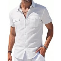 Men's Cotton Linen Shirts Short Sleeve Summer Breathable Turn-Down Collar Casual Button-Down Shirt XXXL white