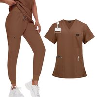 Women’s Two Piece Scrub Set with V Neck Short Sleeve Top and Jogger Pants for Medical Uniforms Healthcare Workwear L brown