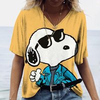 Women's T-shirts Disney Snoopy 3D print New V-neck Short Sleeve Summer Casual Women's Clothing Harajuku Y2K Hip Hop Clothe M beige