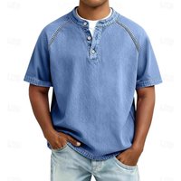 Men's Vintage Washed Henley T-Shirt Casual Solid Color Short Sleeve Tops Breathable Button Placket Tee for Streetwear & Daily Life 3XL sky blue