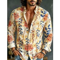 Floral Print Long Sleeve Shirt, Bohemian Casual Men's Fashion Top M brown