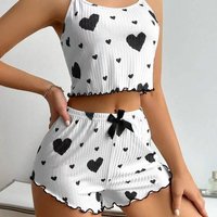 Women's Pajamas Set Sleepwear 2 PCS Short Tank Tops And Shorts White Ventilate Soft Casual Love Printing L black