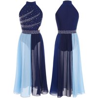 Girls Modern Lyrical Dance Dress Sleeveless Mock Neck Chiffon Costume with Rhinestones Color Block Side Split & Invisible Zipper 15-16 Years navy blue