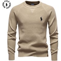 Unisex Polo Ralph Lauren Autumn and Winter Embroidery New Round Neck Fashionable Solid Color Sweater Unisex High-quality Business Casual Knitted S beige