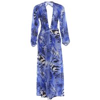 Women Tropical Print Lapel Collar Deep V Neck Long Sleeve High Slit Maxi Dress Beachwear XL blue