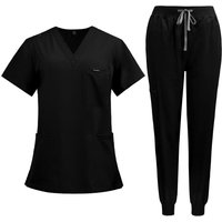 Scrubs for Women Set Jogger Pants Henley Two Piece Tops and Pants V Neck Stretchy Nurse Working Uniform with Pocket S black