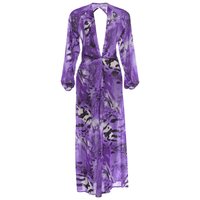 Women Tropical Print Lapel Collar Deep V Neck Long Sleeve High Slit Maxi Dress Beachwear M purple