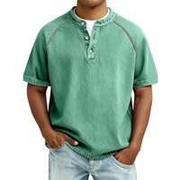Men's Vintage Washed Henley T-Shirt Casual Solid Color Short Sleeve Tops Breathable Button Placket Tee for Streetwear & Daily Life 2XL light green