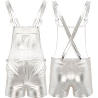 Men's Shiny Metallic Shorts Suspender Hot Pants Leotard Bodysuit Bib Overall Festival Fancy Dress 3XL silver