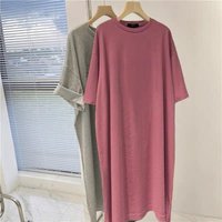 Plus Size Short Sleeve Casual Dress Women's Summer Loose Solid Colour Medium Long Knee Split T-shirt Dresses L plum