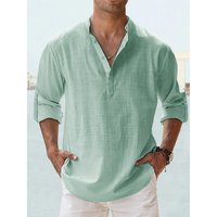 Men's Shirt Cotton and Linen Henley Collar Shirts for Men Casual Hawaiian Vacation Long Sleeve Beach Tops US L 70-80 KG green