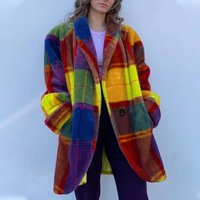 VEZFAA Women's Fashion Casual Colour Block Print Autumn Winter Long Sleeve POLO Neck Plus Thick Velvet Jackets & Coats XXXL yellow