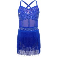 Girls Rhinestone Latin Tango Dance Leotard Dress Sheer Mesh Patchwork Tiered Tassel Fringe One Piece Bodysuit Dress Dancewear 13-14 Years royal blue
