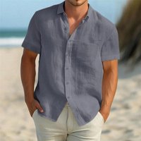 Lightweight Summer Linen Blend Short Sleeve Shirt for Men - Breathable Button Down Chest Pocket Casual Vacation Tops in Solid Colors M gray