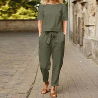 Women's Blouse and Trousers, A Summer Set of Two Objects with Trousers XL army green