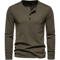 Men Long Sleeved T-shirt Cotton Slim Fit Bottoming Shirt Fitness Tops Tees Button Neck Casual Cozy Tshirt XXL army green