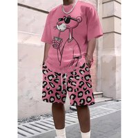 2025 New Men's Tracksuit Sets Pink Panther Short Sleeve T-Shirt Suit Casual Suit Sports Streetwear Shorts 2 Piece Male Clothes 6XL gray