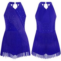 Kids Girls Latin Leotard Dress Dance Costume Rhinestones Fringe Bodysuit Skirted Dress Halter V-neck Sleeveless Tassel Jumpsuit 13-14 Years blue