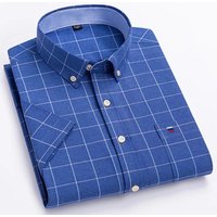 100% Cotton Breathable Men Oxford Short Sleeve Summer Plaid Shirts Striped Male Clothes Business Regular Fit Oversized 44 blue