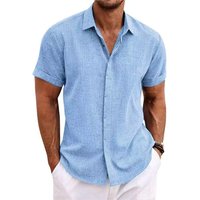 Men's Cotton Linen Shirts Short Sleeve Button Down Casual Shirt Summer Beach Wedding Shirt XXXL blue
