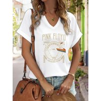 Women's V-Neck Pink Floyd Dark Side of The Moon Graphic Tee, Retro Rock Band Print T-Shirt, Casual Short Sleeve Top 5XL brown