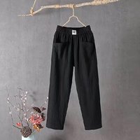 Summer Women Trousers Casual Cotton Linen Pants Loose Straight Trousers Nine Point Harem Pants XXXL black