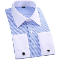 Classic French Cuff Men's Dress Shirt Long Sleeve Male Formal Wedding Party White Black Oversized Cufflink Shirts with Pocket L white