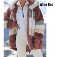 Winter Women's Fashion Hooded Warm Loose Jacket for Women Patchwork Outerwear Zipper Ladies Plus Size Sweaters XXXL wine red