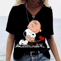 Women's T-shirts Disney Snoopy 3D print New V-neck Short Sleeve Summer Casual Women's Clothing Harajuku Y2K Hip Hop Clothe XL beige