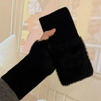 Mink Fleece Soft Winter Half Finger Gloves Women Warm Luxury Solid White Plush Knitted Fingerless Gloves Wrist Mittens Writtingc One Size black