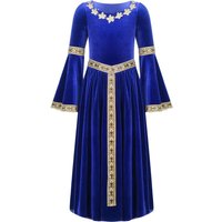 Girls Medieval Princess Velvet Dress Long Flare Sleeve Retro Patterned Band Dress Up Costume Royal Party Gown 11-12 Years blue