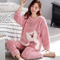 Thickened Warm Large Size Padded Fall and Winter Women's Pajamas Top and Pants Set Coral Velvet Ladies Cartoon Bear 2PCS/Set L(50-60kg) dark pink