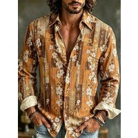 Floral Print Long Sleeve Shirt, Bohemian Casual Men's Fashion Top XL brown